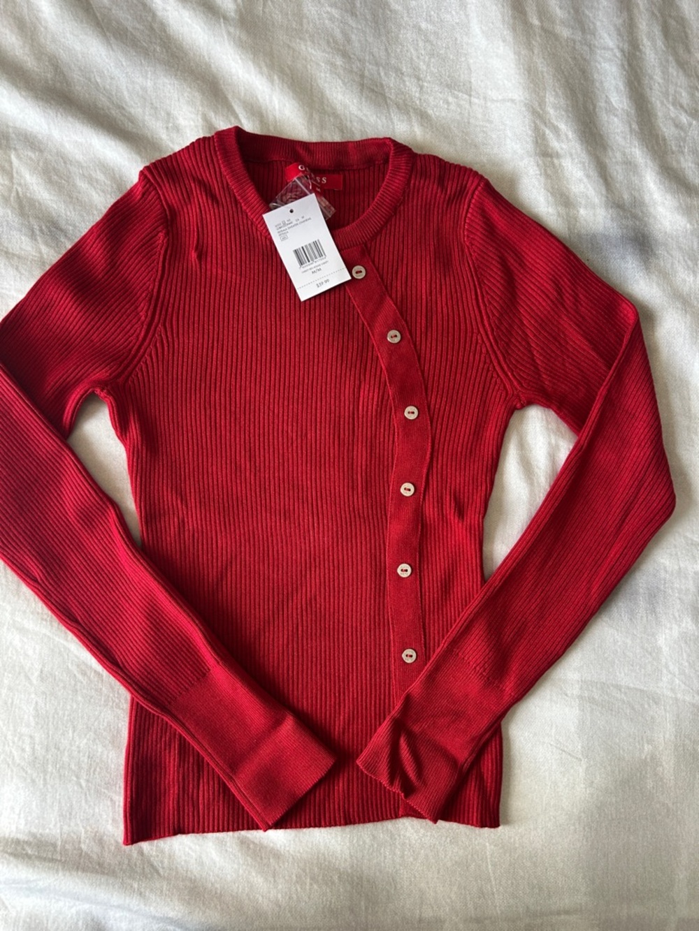 Guess Red Ribbed Button-Detail Sweater